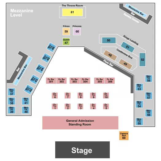 THE KING OF CLUBS COLUMBUS ENDSTAGE SRO TABLES Seating Map Seating Chart