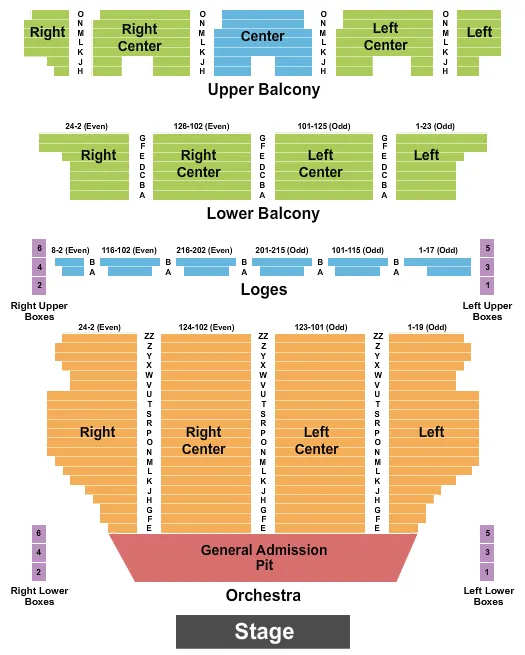 TIVOLI THEATRE CHATTANOOGA ENDSTAGE GA PIT Seating Map Seating Chart